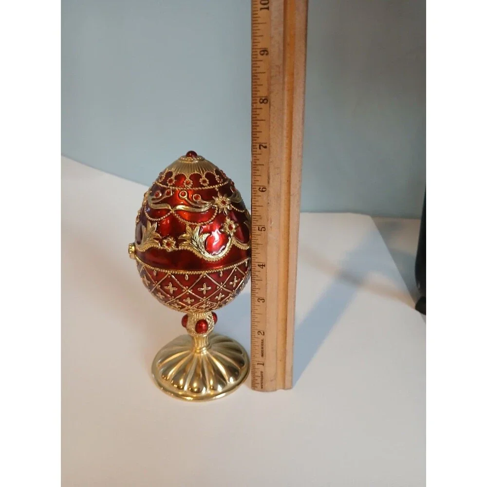 Red Enamel Egg Ruby Jewel Wind Up Music Box Christmas Tree W Presents